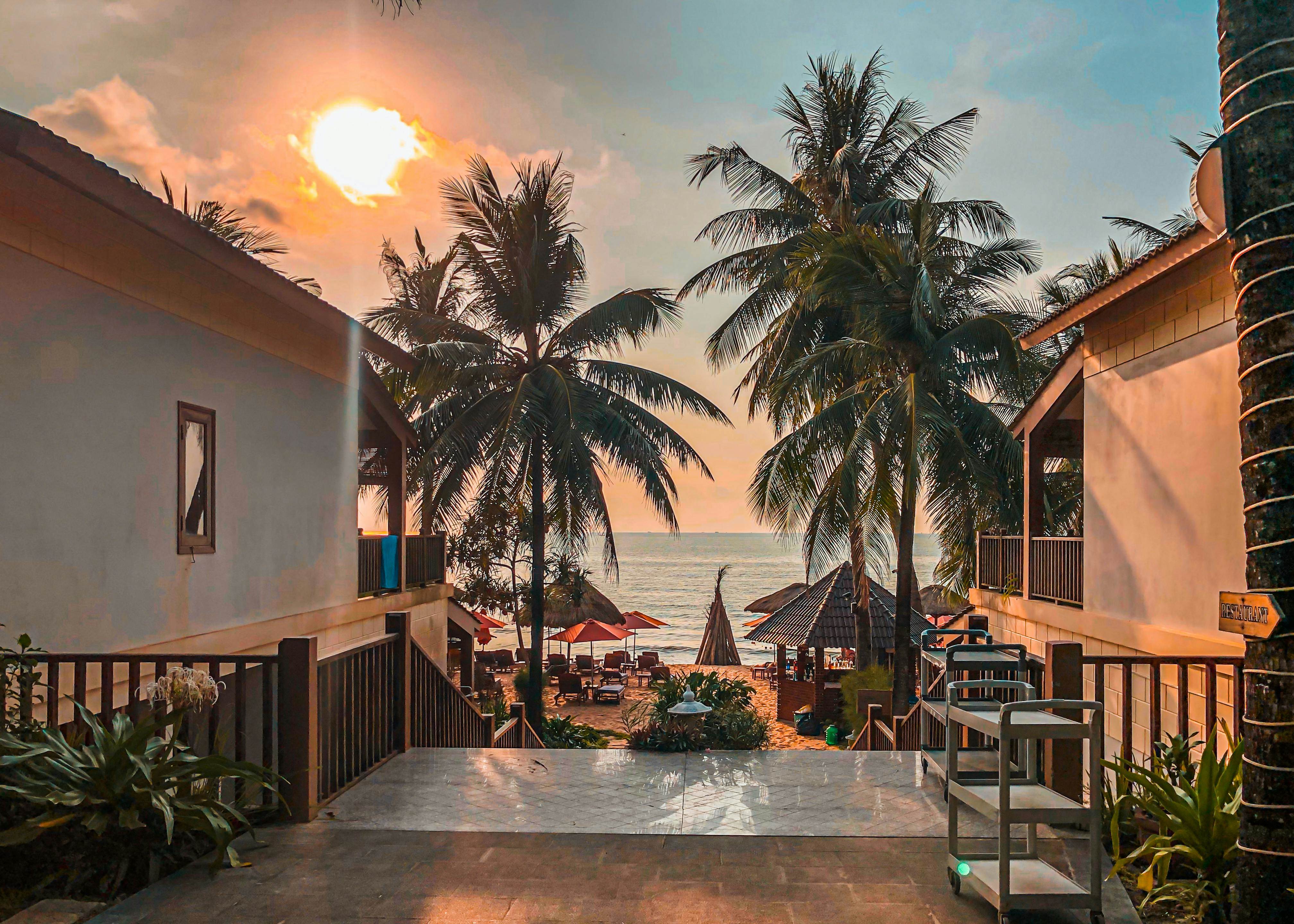 Beautiful sunset over palm-lined beach at Phu Quoc resort, Vietnam, capturing a serene and tropical atmosphere.
