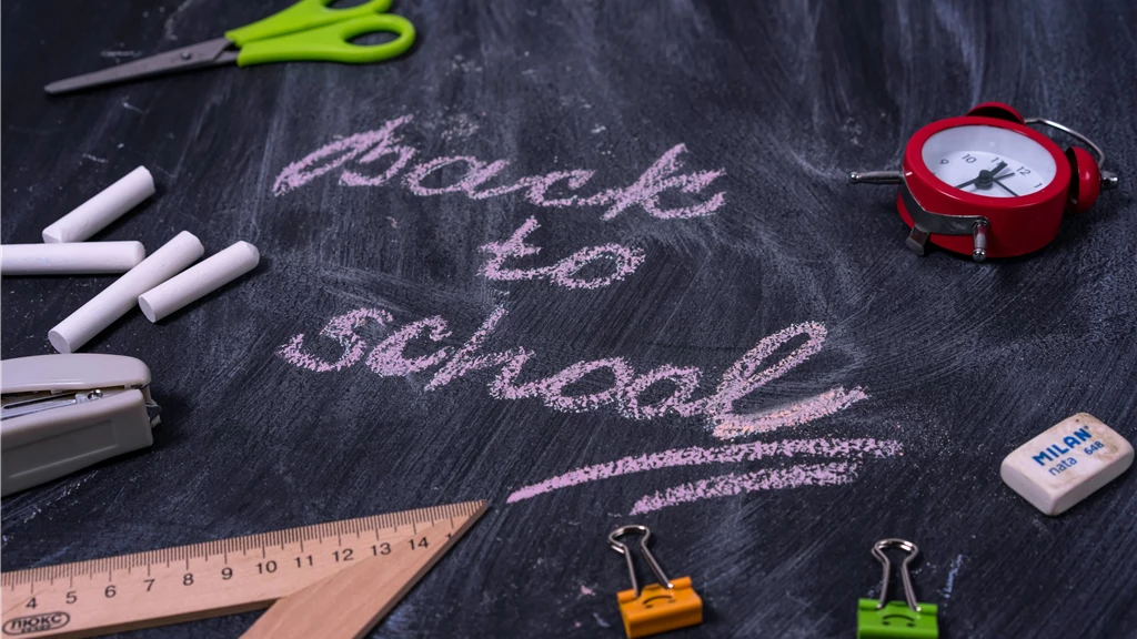 An arrangement of school supplies with 'back to school' written on a chalkboard.