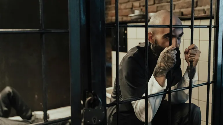 Bald man gripping prison bars inside a cell, displaying tattoos and wearing a uniform.